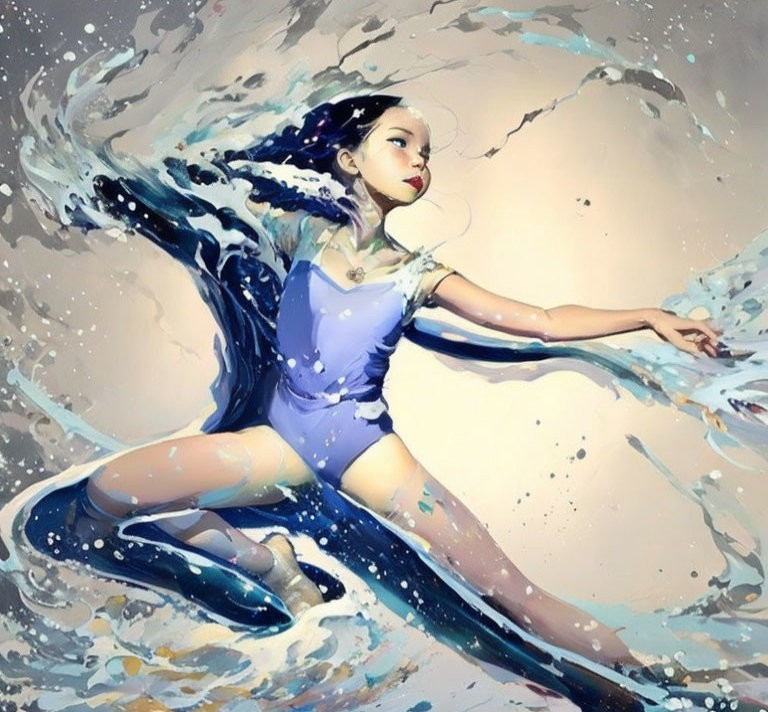 Stylized artwork of woman with swirling water, pastel tones