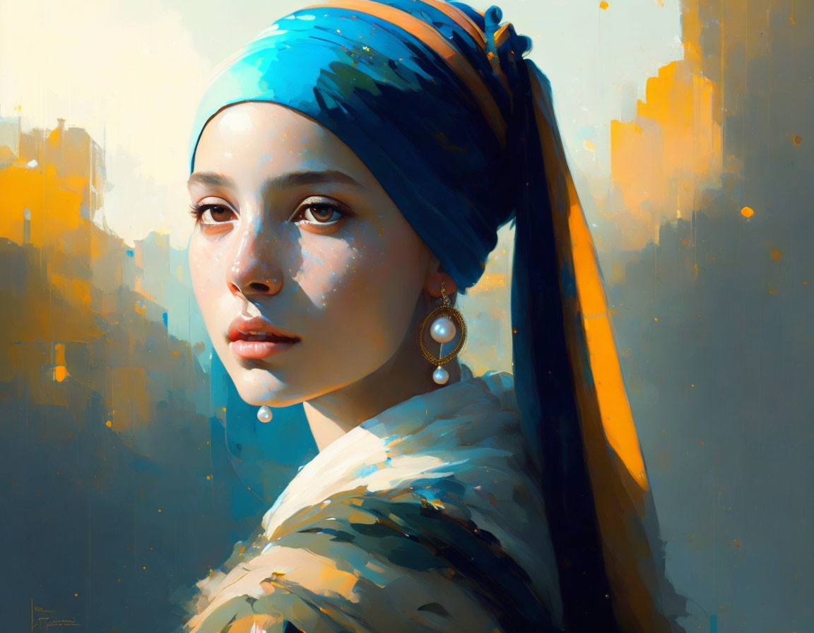 Vibrant digital painting of woman with blue headscarf and pearl earring