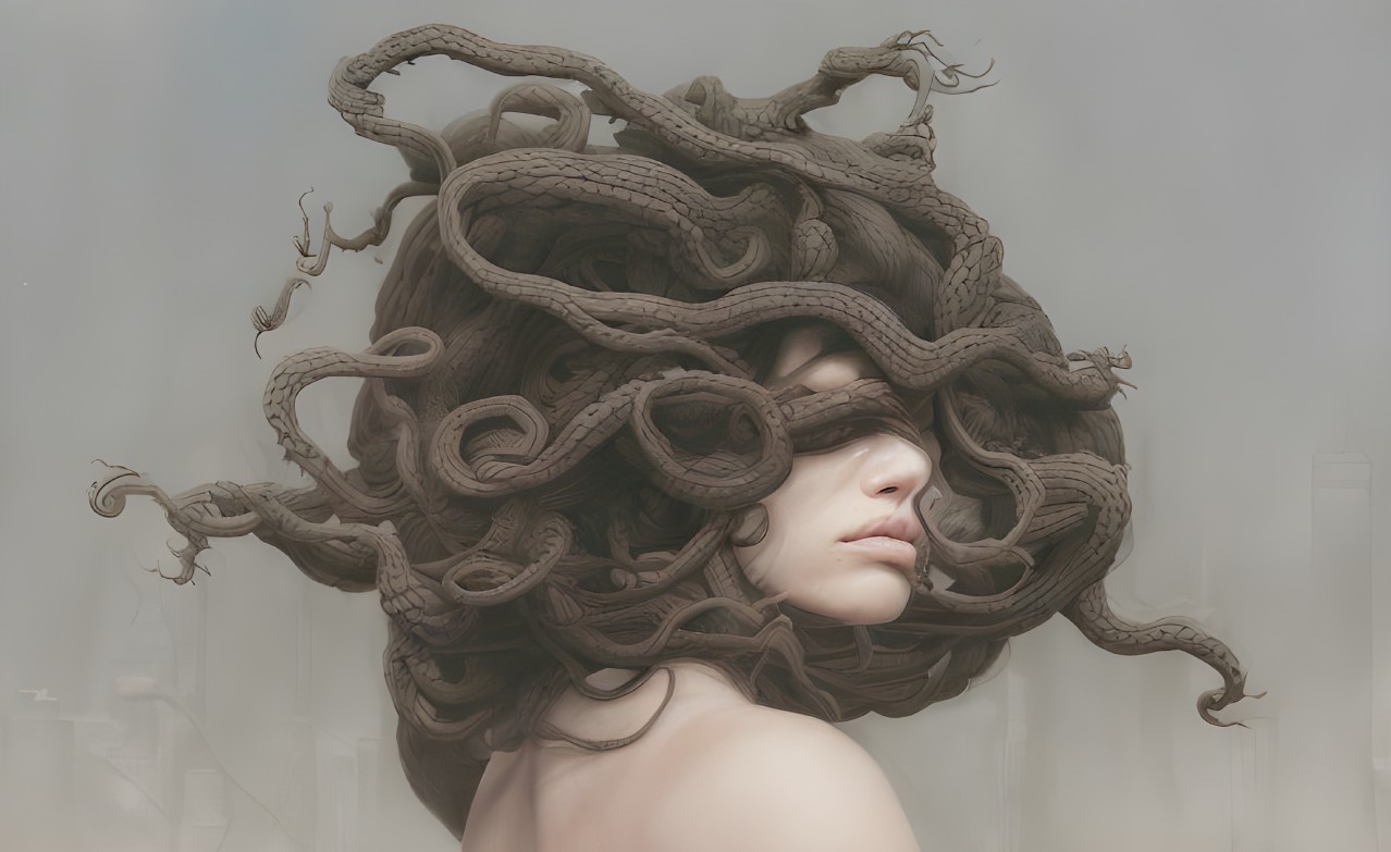 Serene woman with closed eyes surrounded by intricate snakes in misty background
