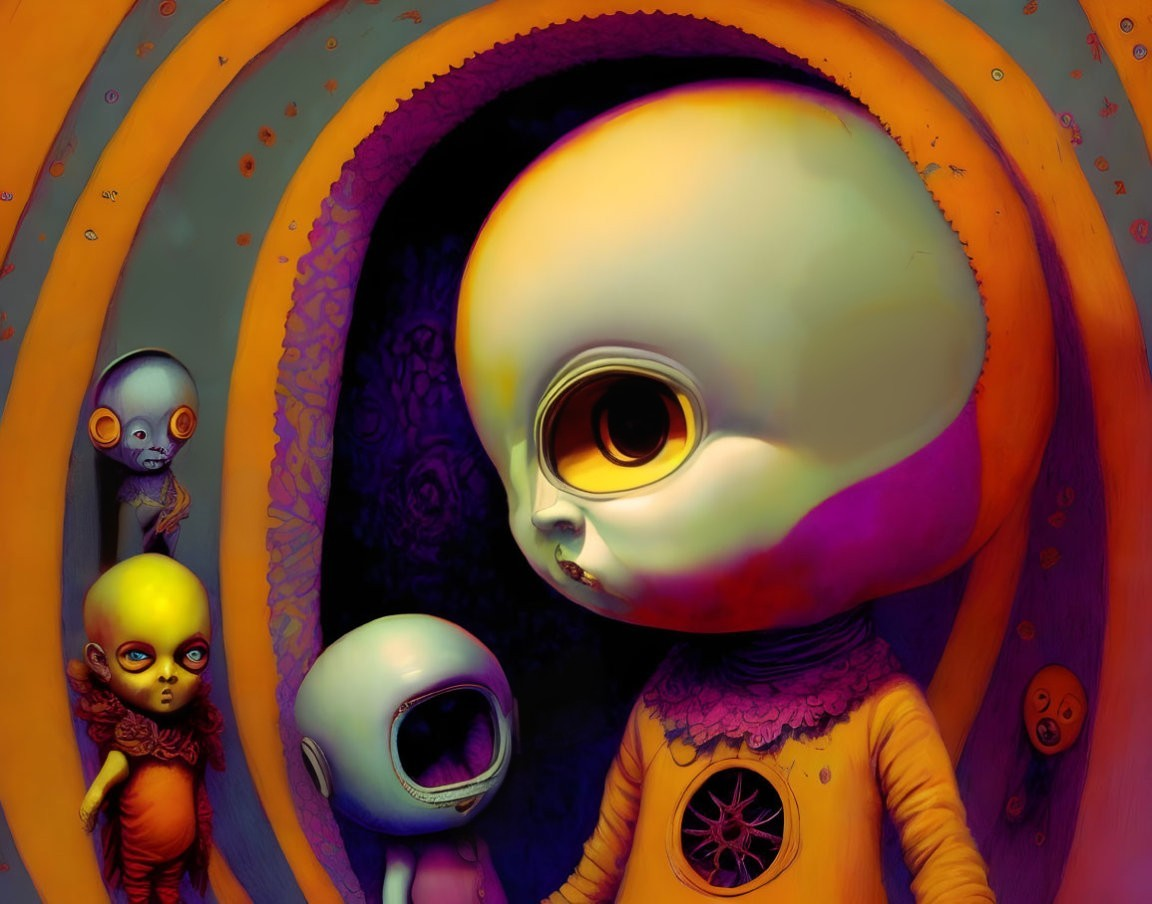 Stylized alien figures in orange and purple environment