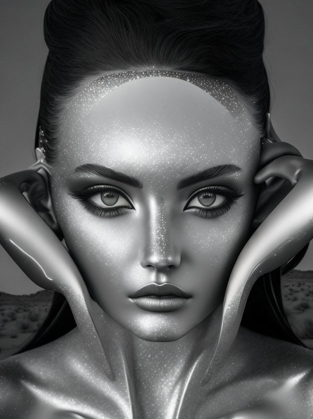 Monochrome image of woman with sparkling skin and dramatic makeup