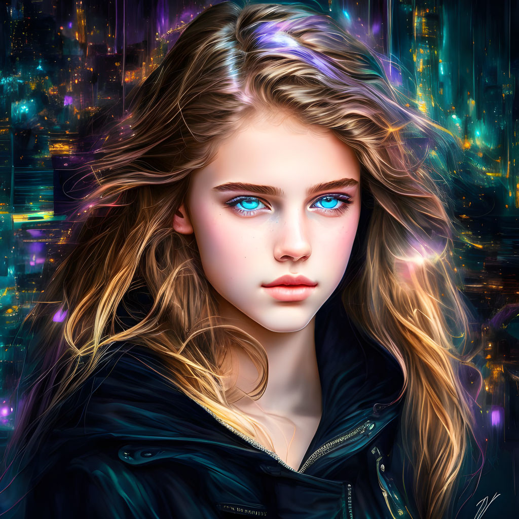 Young woman with blue eyes and blonde hair in digital portrait against cosmic background