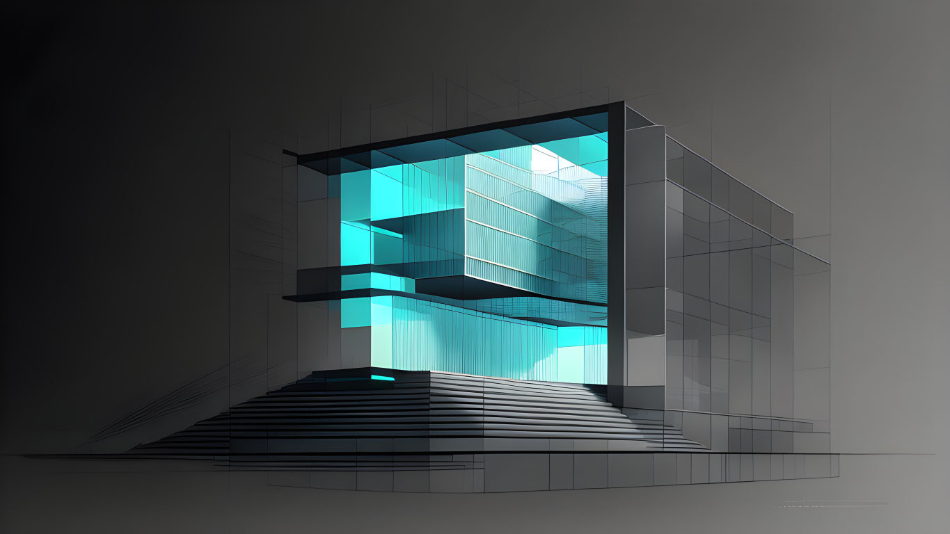 Cubic Modern Architectural Concept Design with Transparent Blue Glass Layers