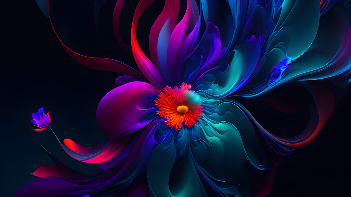 Vibrant swirling petals with fiery orange center on blue background