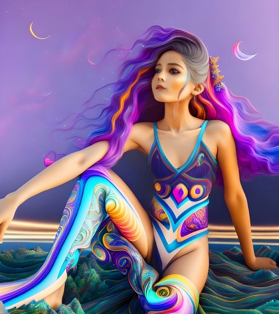 Colorful woman in surreal landscape with crescent moons under purple sky