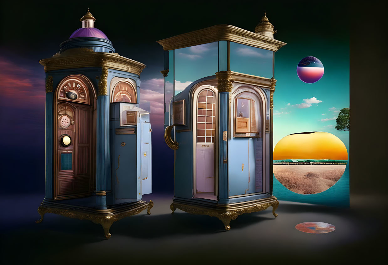 Vintage Booths with Clocks Under Surreal Skies and Celestial Bodies