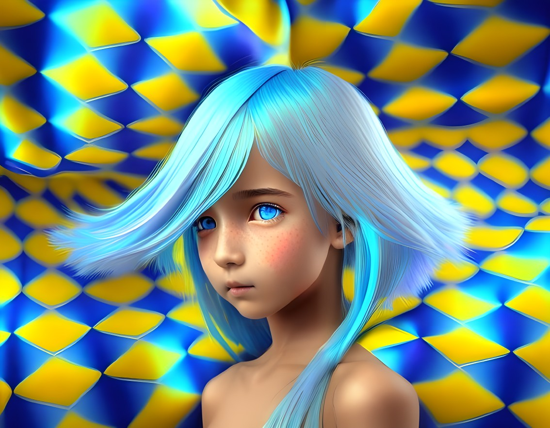 Vibrant digital illustration: young girl with blue hair and expressive eyes on geometric background