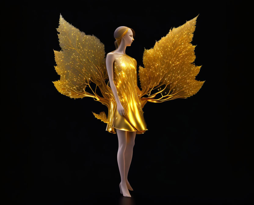 Golden stylized figure with glowing tree branch wings on black background