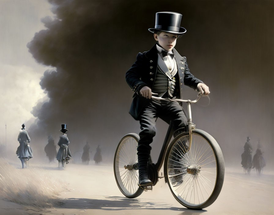 Young boy in formal attire rides vintage bicycle with figures in top hats