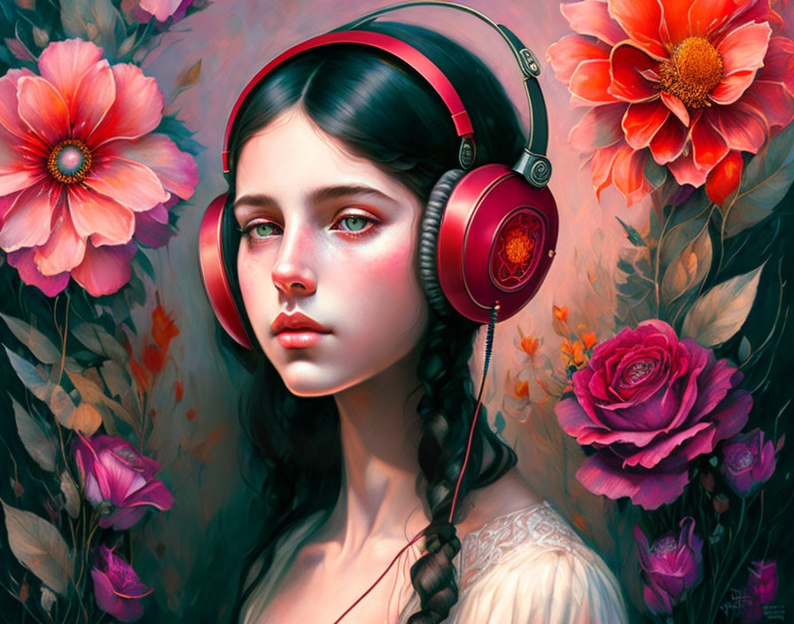 Digital Artwork: Girl with Braided Hair, Headphones, and Vibrant Flowers on Pink Background