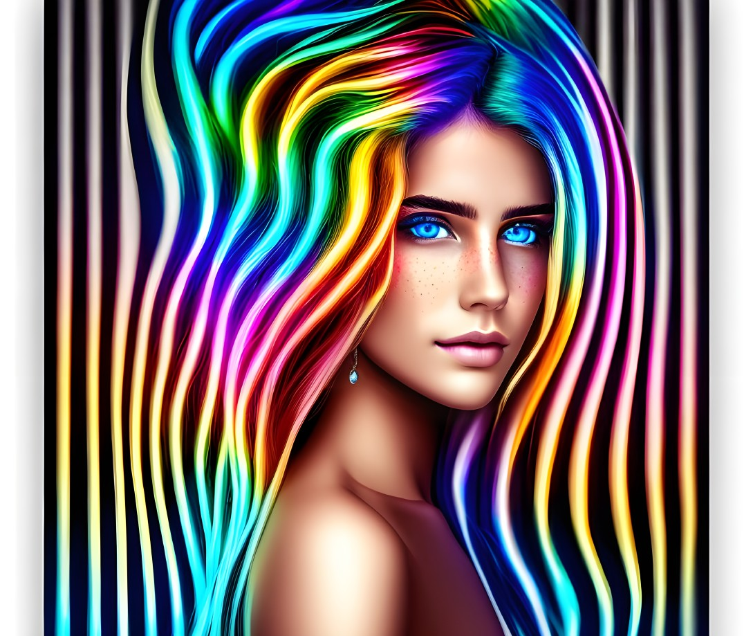 Vibrant rainbow-haired woman with blue eyes and freckles on metallic background