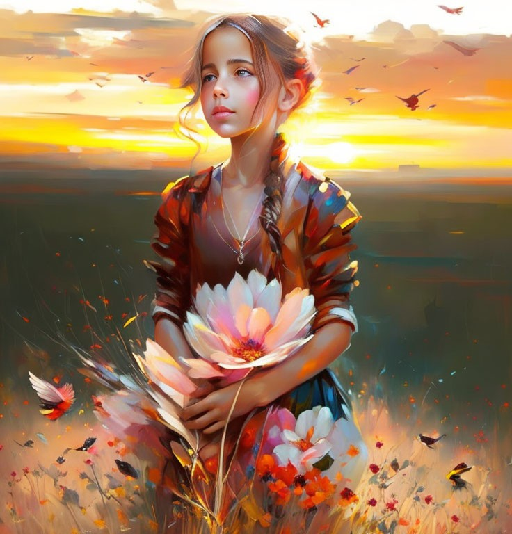 Young girl with braided hair holding flowers in vibrant sunlit field