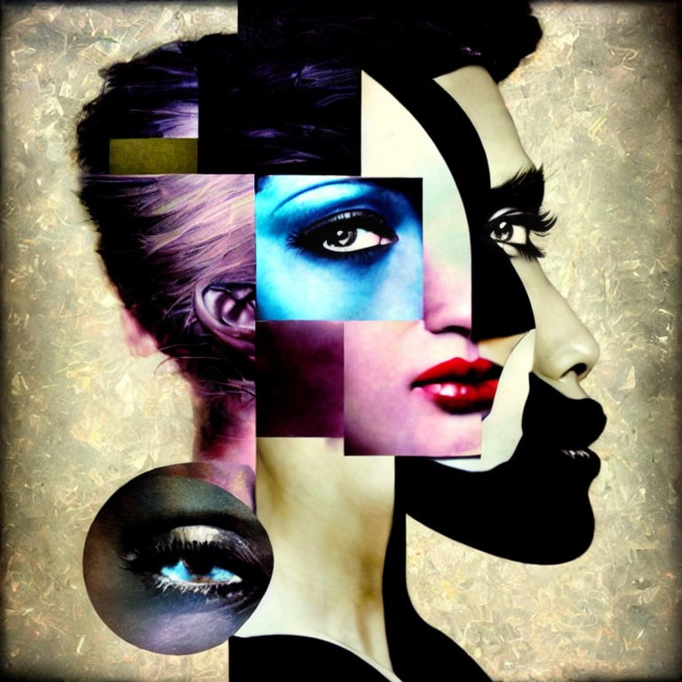 Abstract mosaic of women's facial features in varied colors on textured background