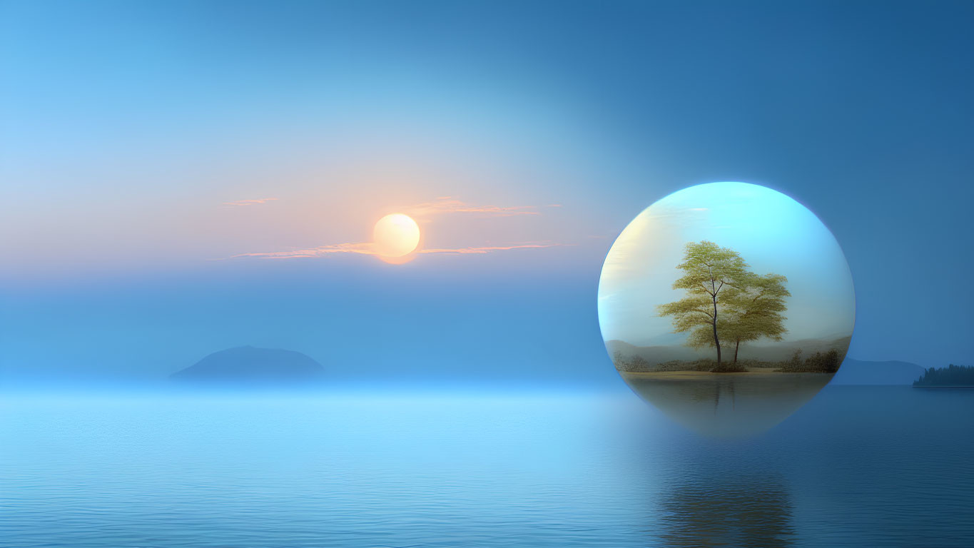 Tranquil sunset landscape with crystal sphere and tree reflection