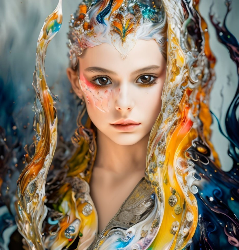 Fantasy portrait with intricate face paint and swirling colorful patterns