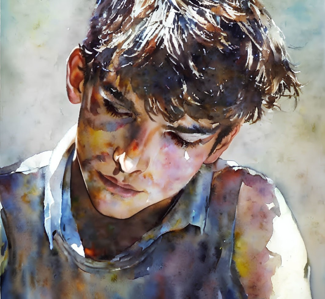 Vivid Watercolor Painting of Young Boy in Sunlight