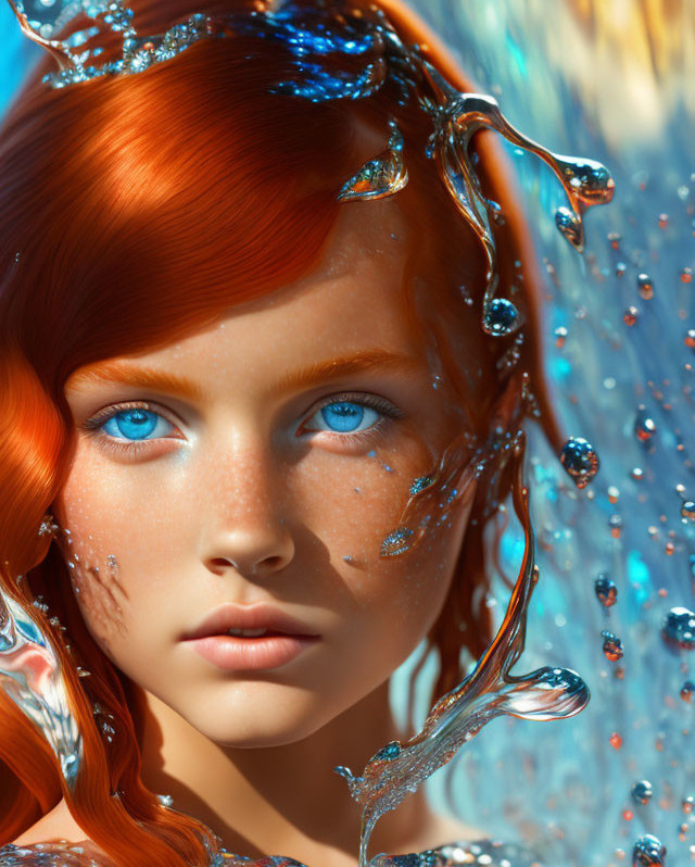 Close-up portrait of person with vibrant red hair and striking blue eyes with water droplets.