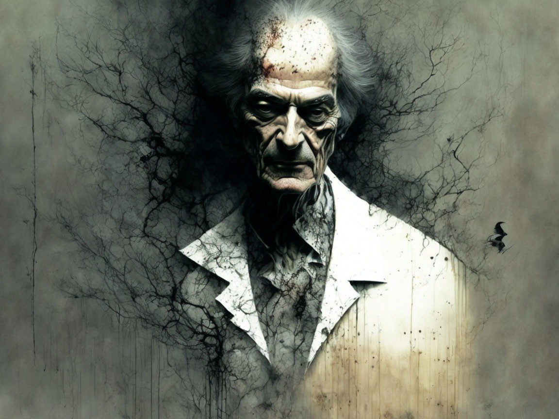 Sinister old man in white coat with bloodstains, birds and cracks