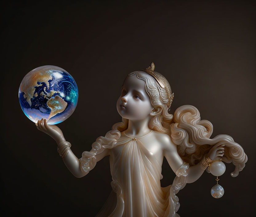 Porcelain-like figure with flowing hair and crown holding glowing Earth on dark background