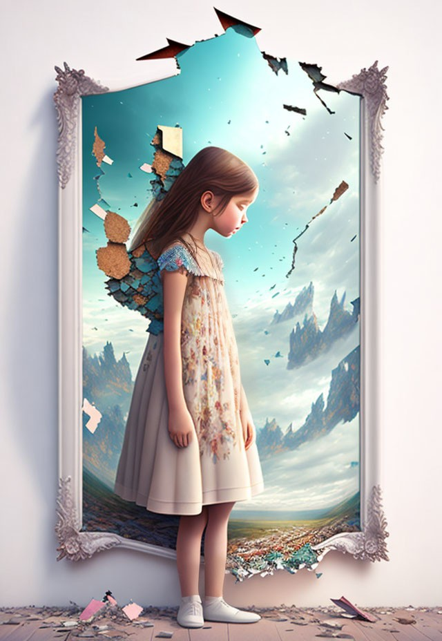 Young girl in floral dress by shattered mirror with mountain landscape.