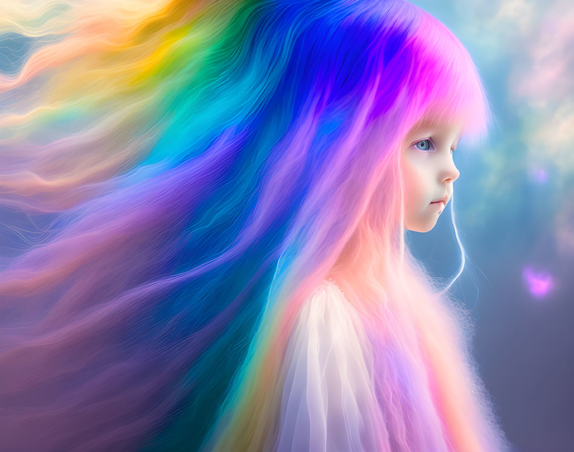 Colorful digital artwork: Young girl with rainbow hair in serene expression