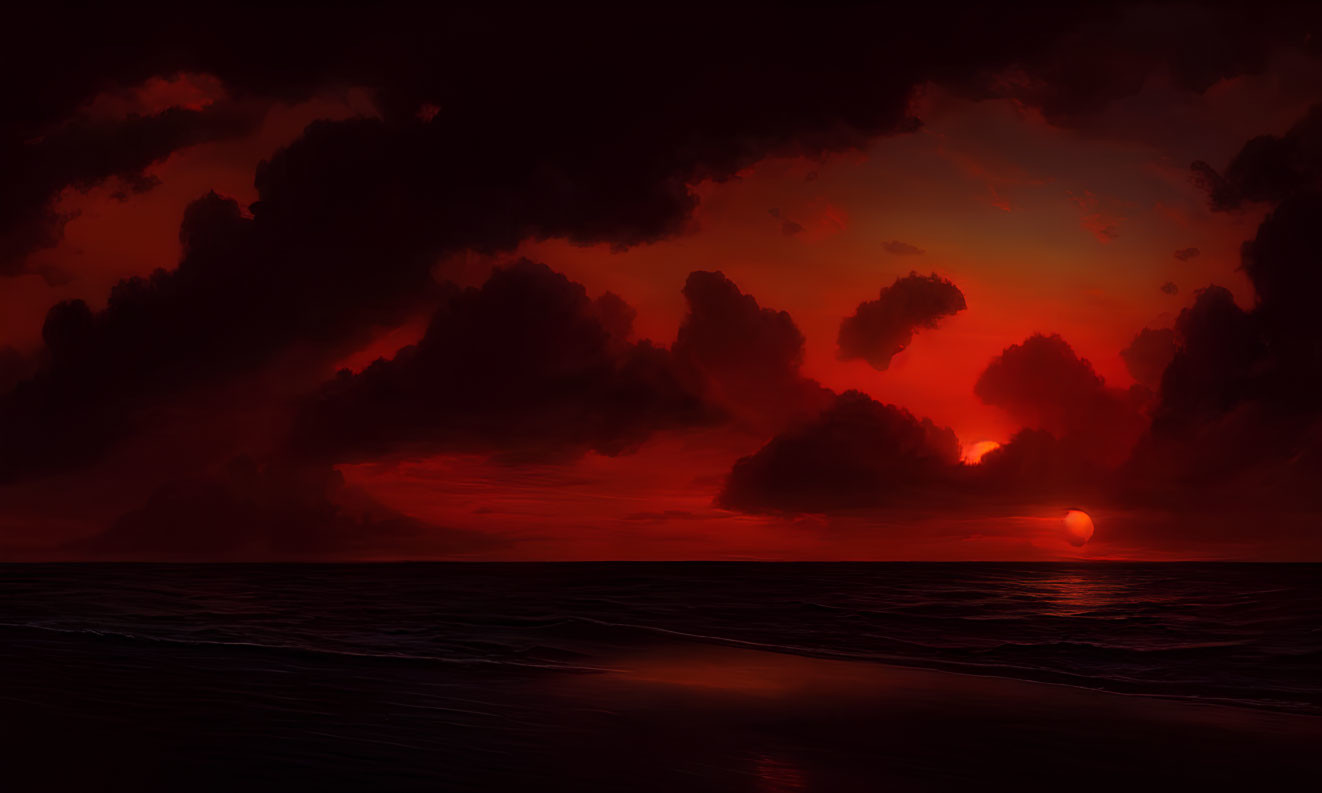 Vibrant red sunset over ocean with silhouetted clouds and calm sea