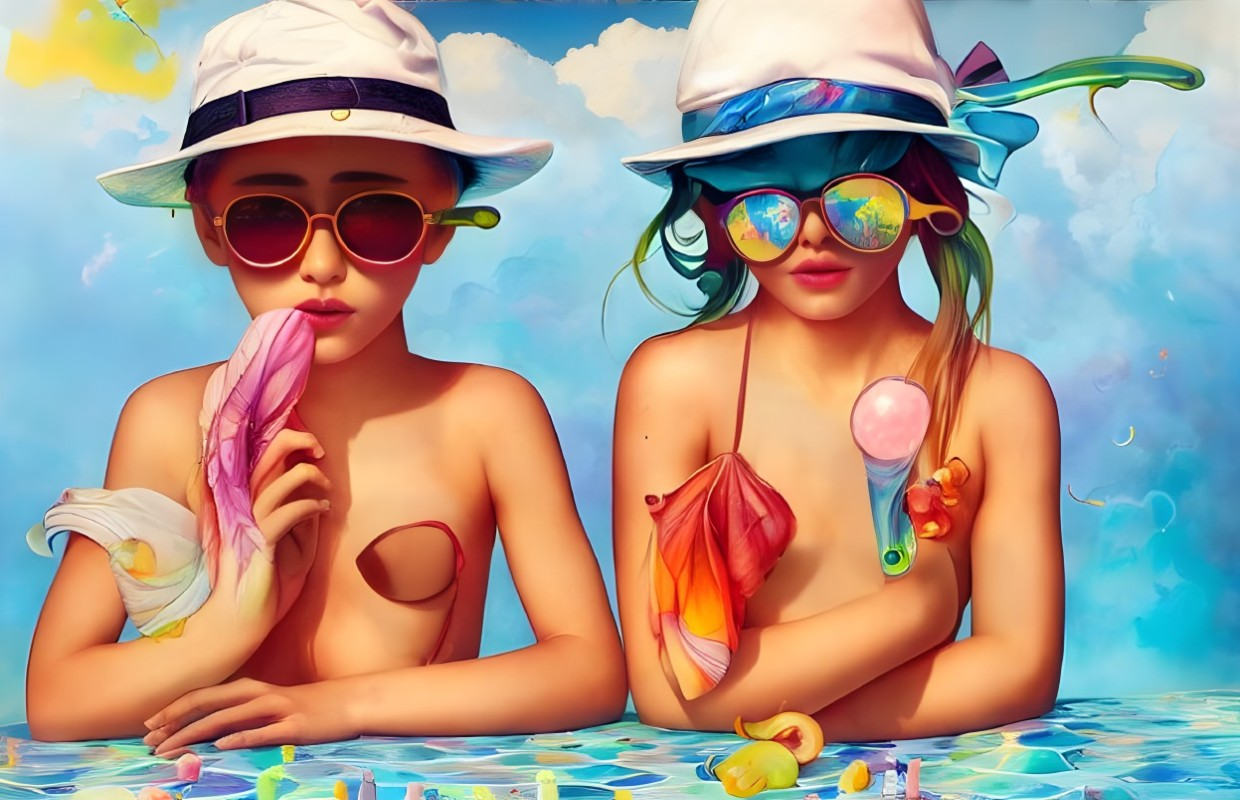 Stylized individuals in colorful sunglasses and white hats eating sweets under surreal blue sky