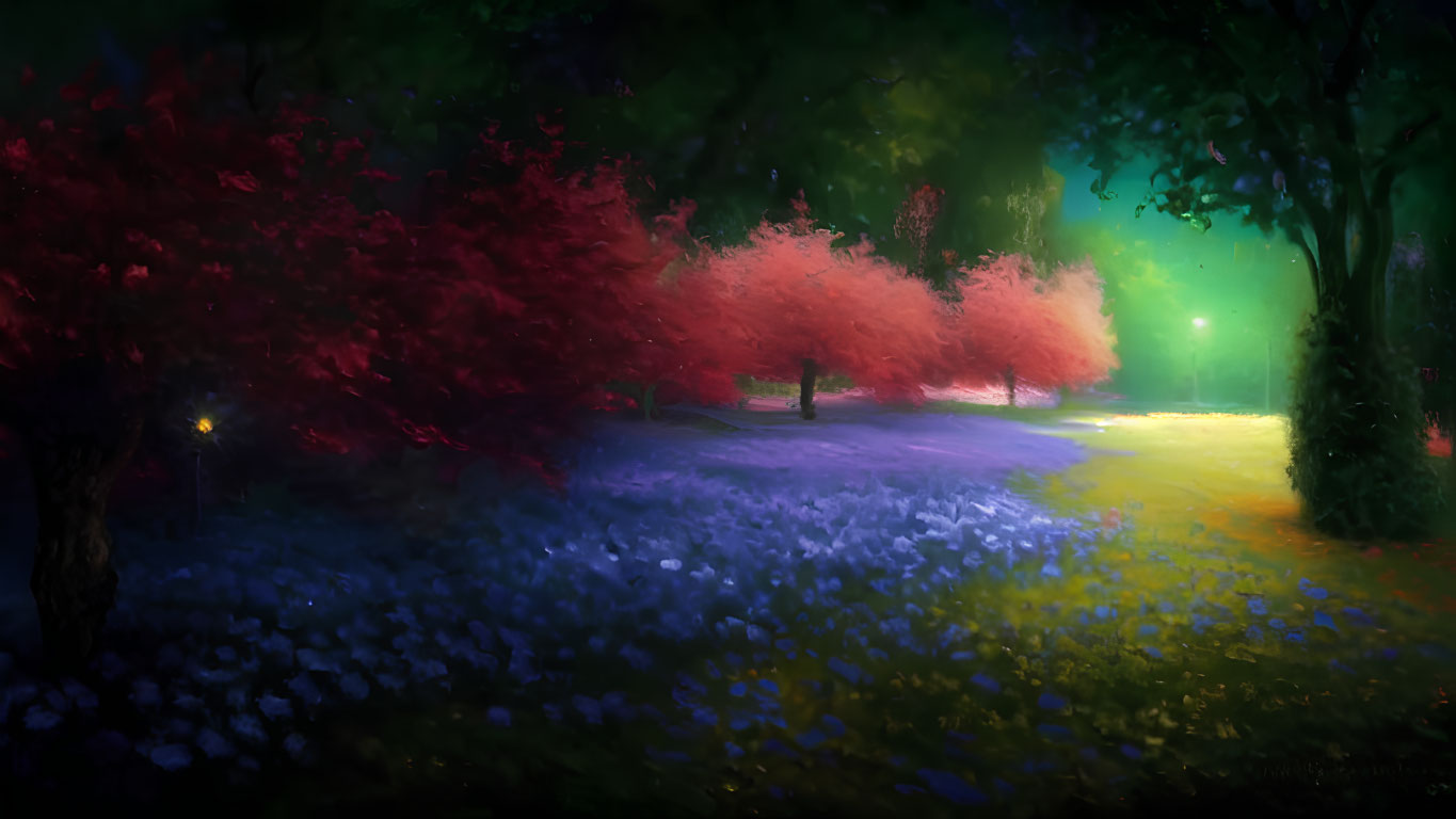 Vivid Red and Purple Trees in Dreamy Landscape