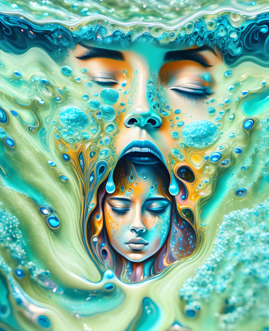 Vibrant surreal illustration of faces in fluid cascade