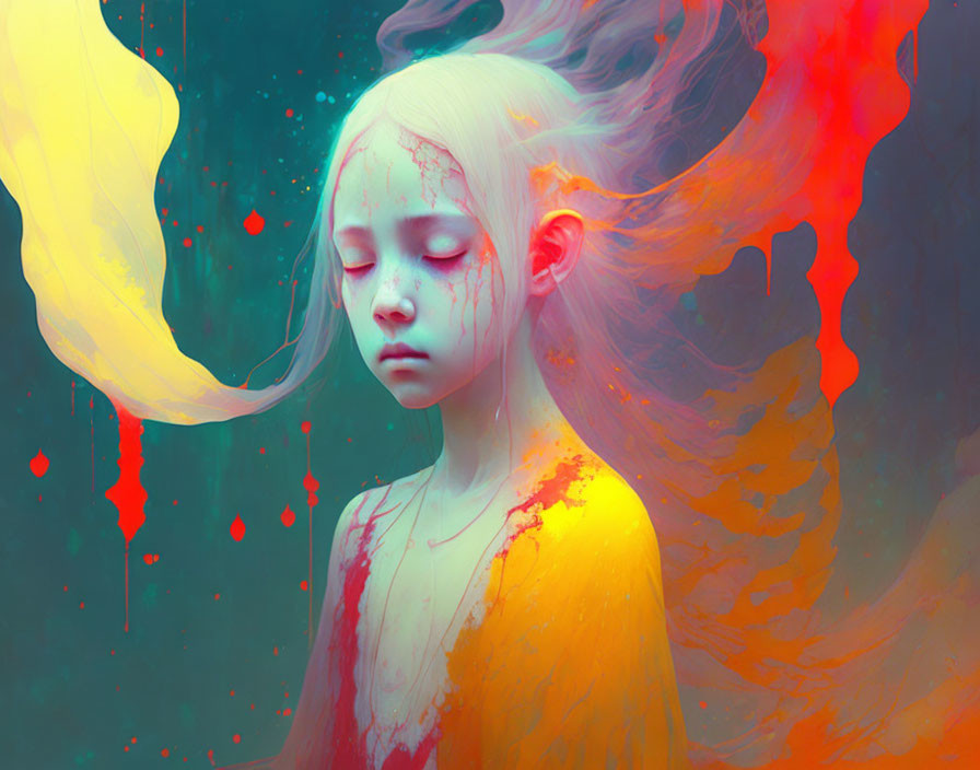 Surreal portrait of girl with pale skin and closed eyes in vibrant red and yellow colors