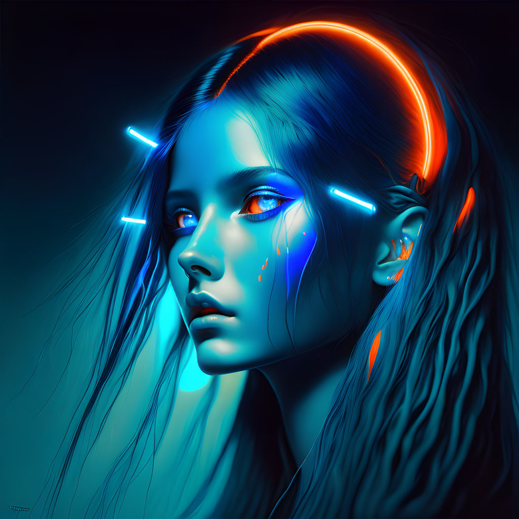 Futuristic digital art: woman's face with blue skin and neon orange details