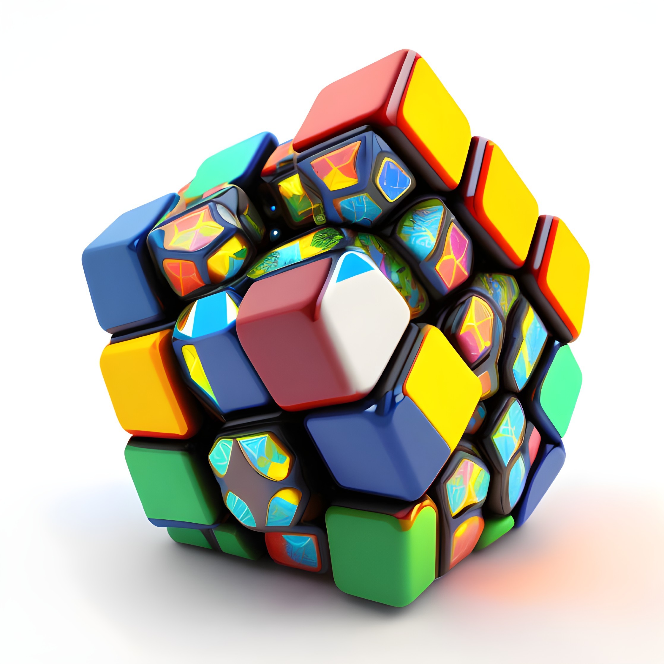 Colorful Rubik's Cube with unique geometric patterns on glossy stickers