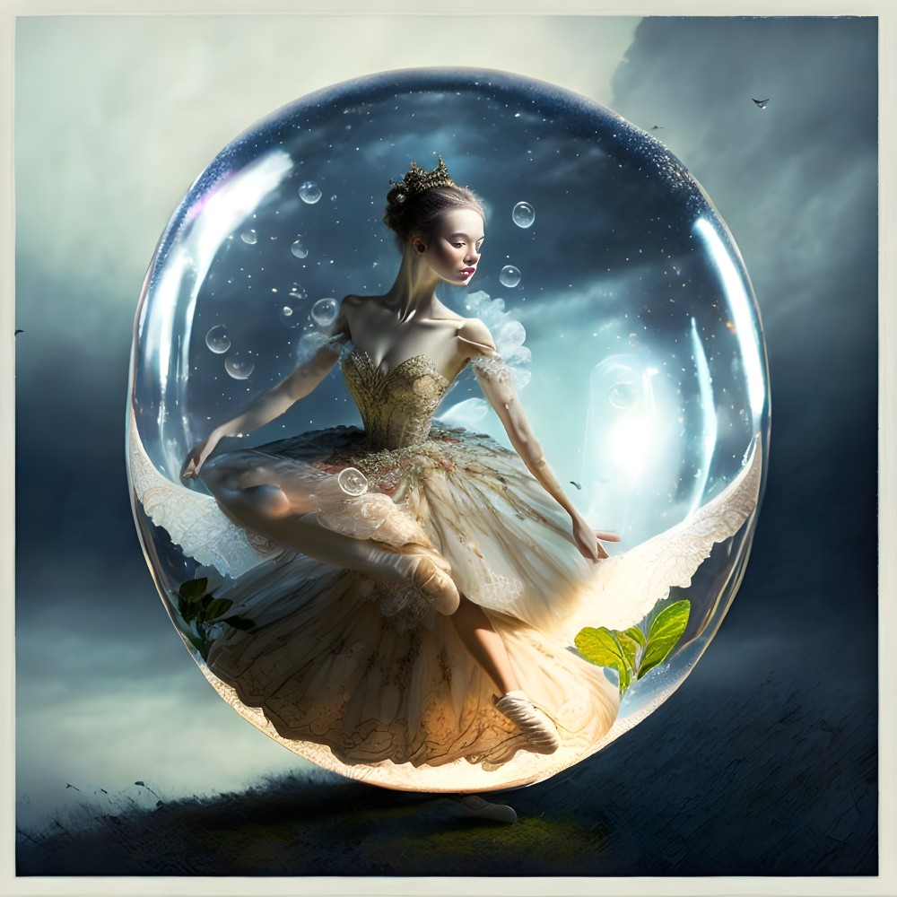 Regal woman in transparent bubble over surreal landscape