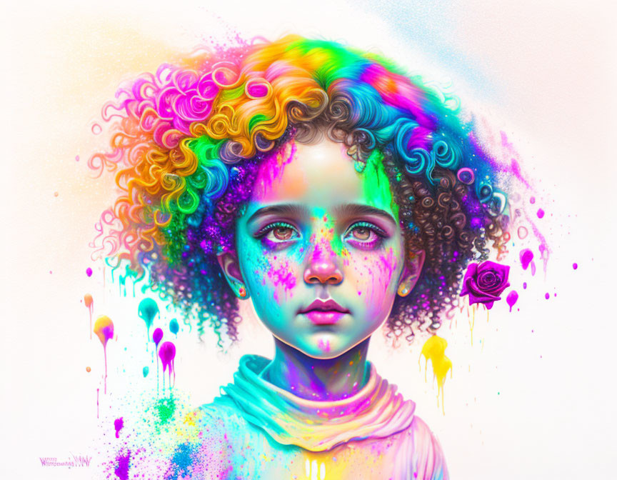 Colorful digital artwork: Child with curly hair in vibrant colors