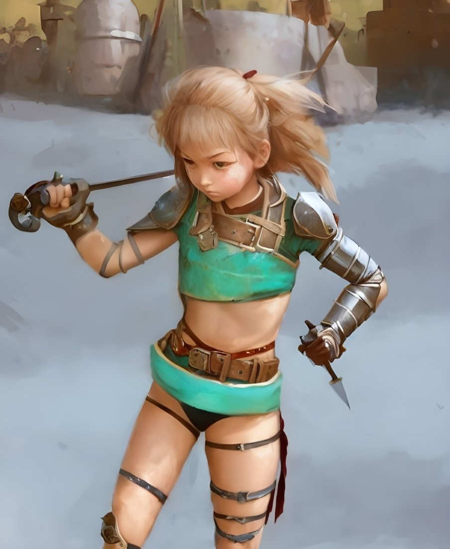 Female fantasy warrior in green and brown armor with sword and dagger