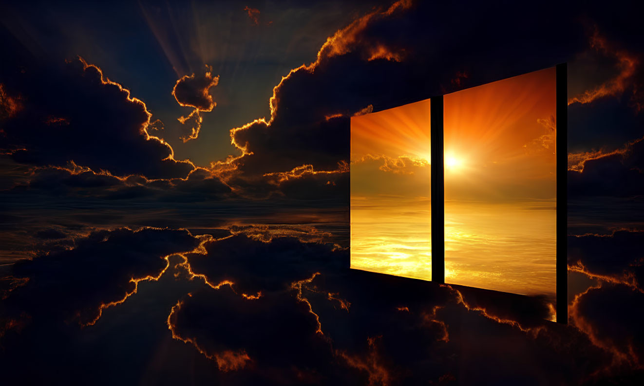 Vivid sunset above clouds with open door