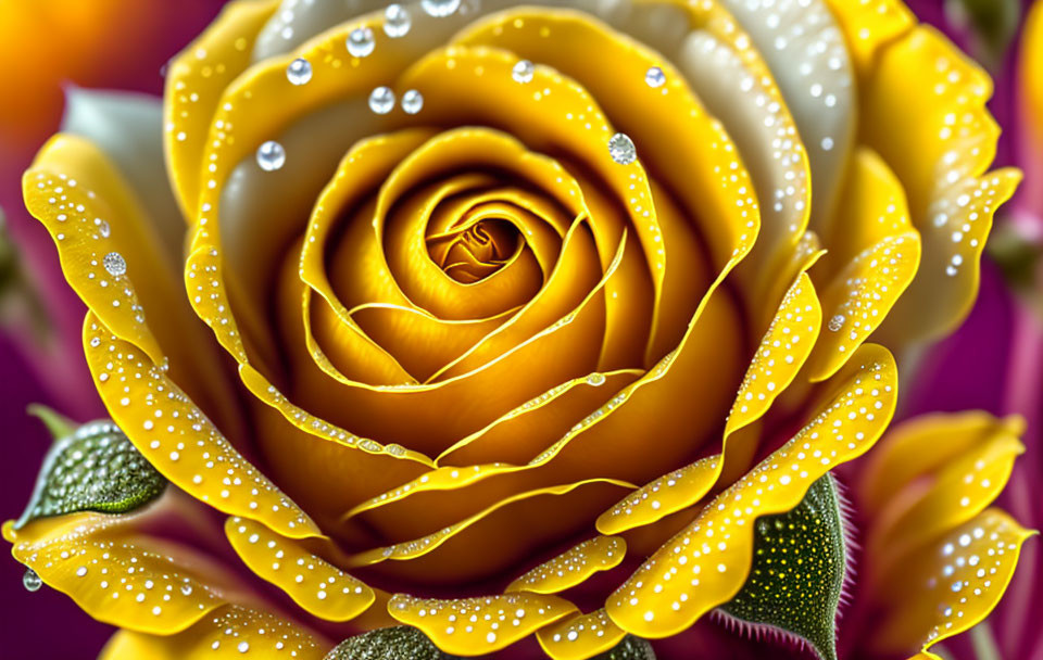 Vibrant yellow rose with water droplets on petals against purple background