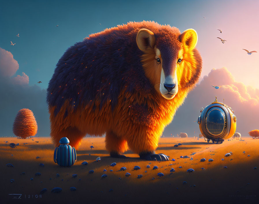 Fluffy orange bear, blue face, blue alien, golden robot on alien landscape at dusk