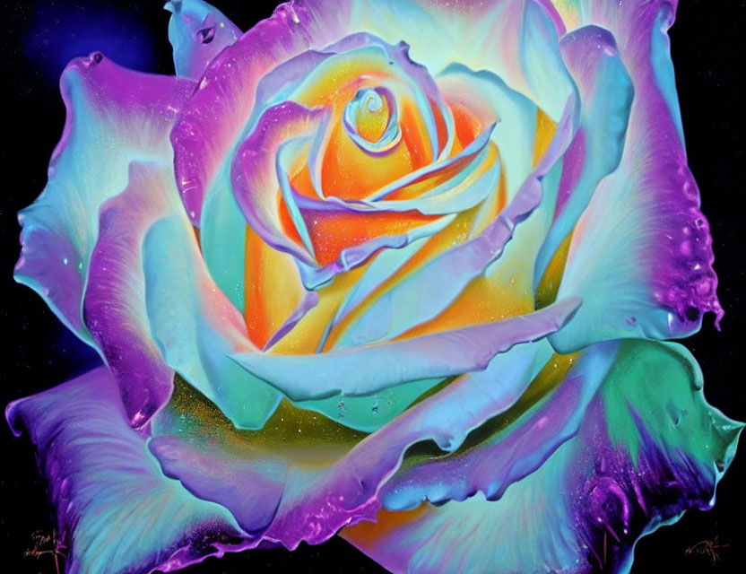 Colorful painting of a rose on dark background