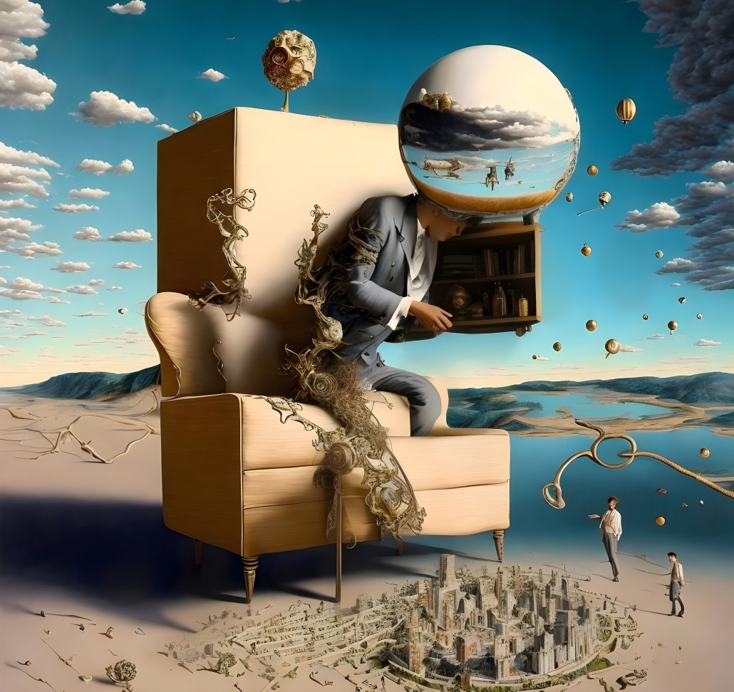 Surreal artwork: Man with globe head on cabinet-chair in desert landscape