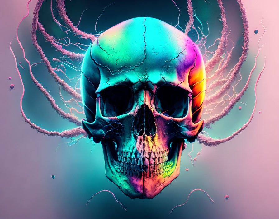 Colorful human skull with neon hues and swirling pink strands on teal background