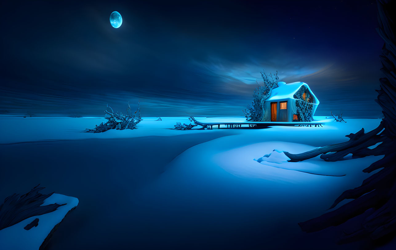 Snowy Winter Night Scene: Cozy House, Starry Sky, Bright Moon