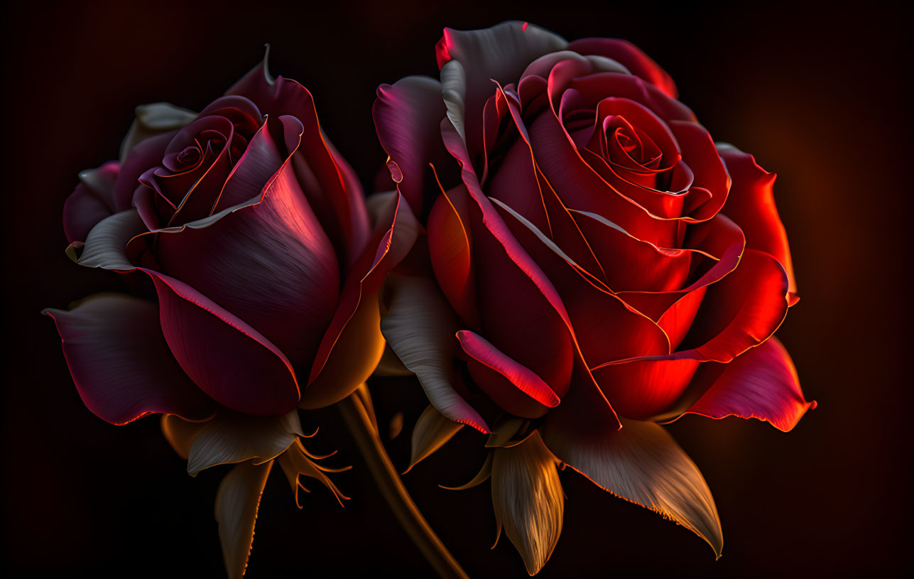 Dark Red Roses with Highlighted Edges on Dark Background