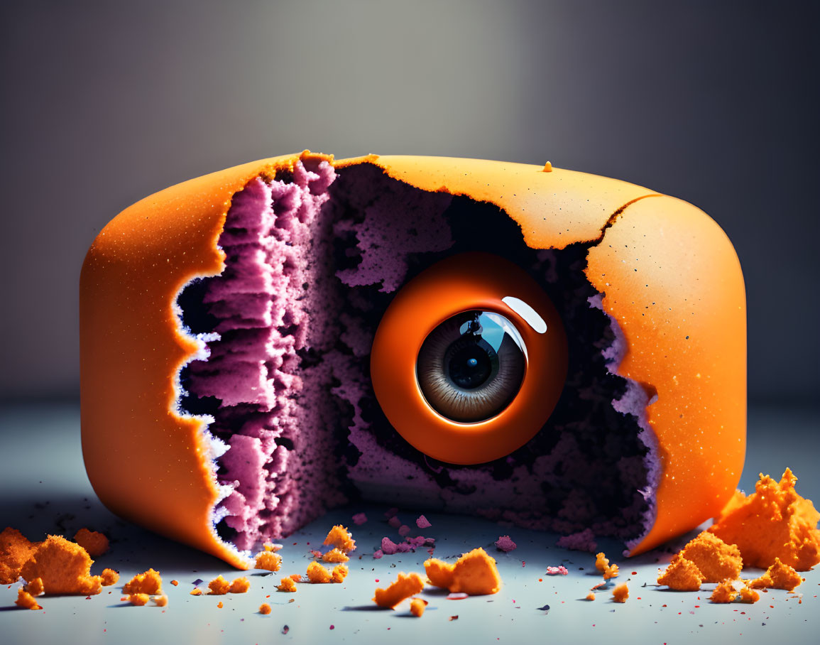 Surreal image of large eye in bitten orange donut