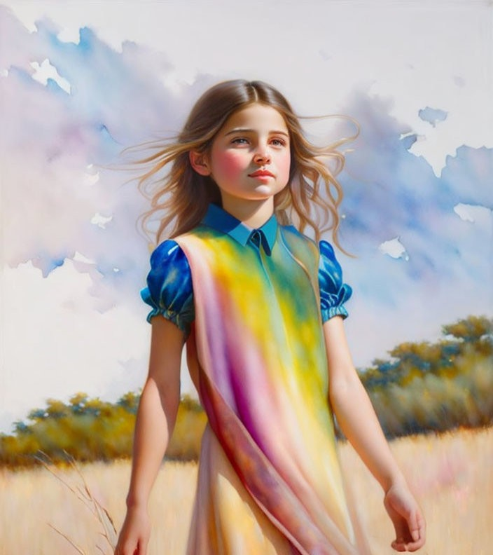 Colorful Dress Young Girl in Sunlit Field Artwork