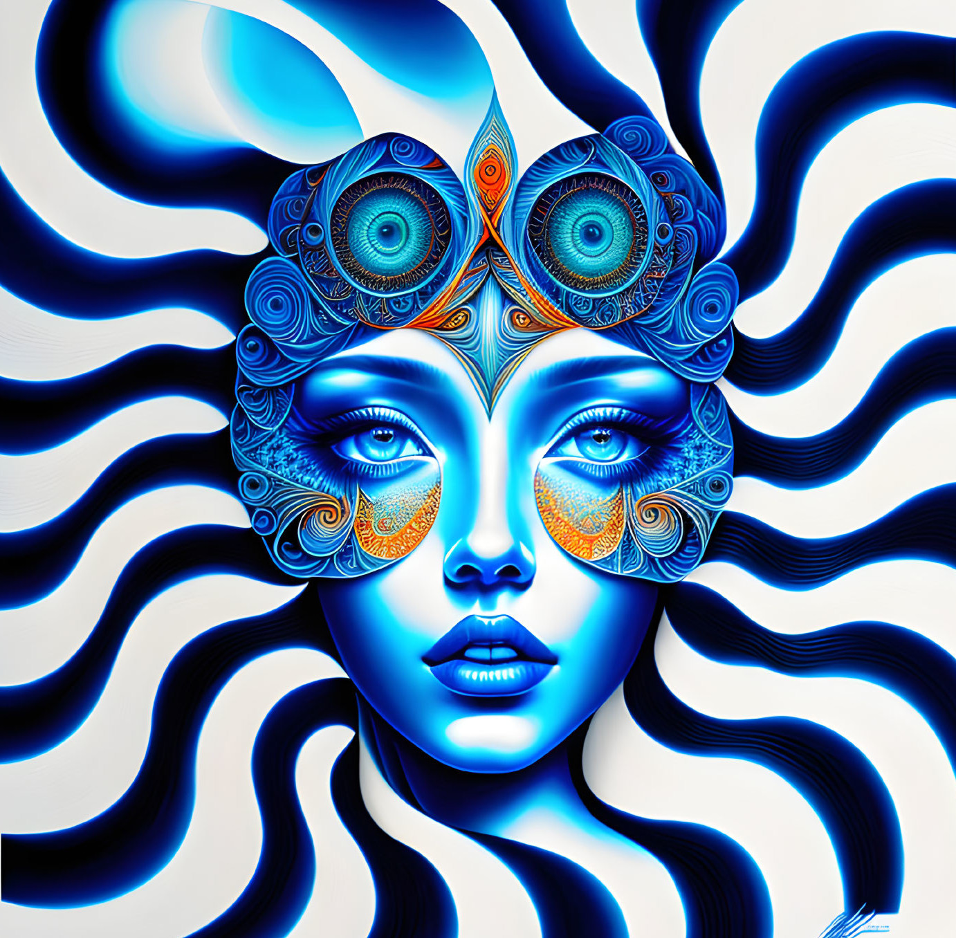 Surreal image: Woman with blue skin and ornate patterns on face