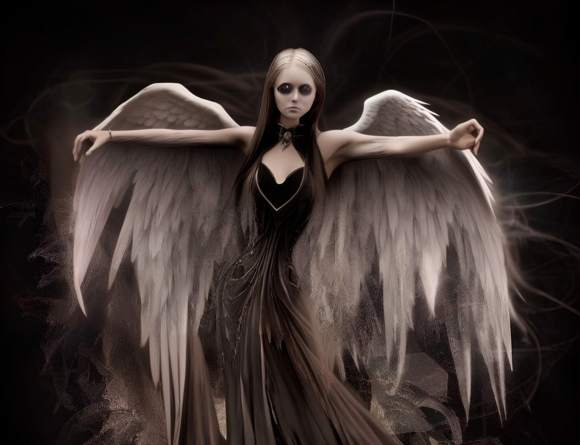 Gothic angel with large feathered wings in misty setting