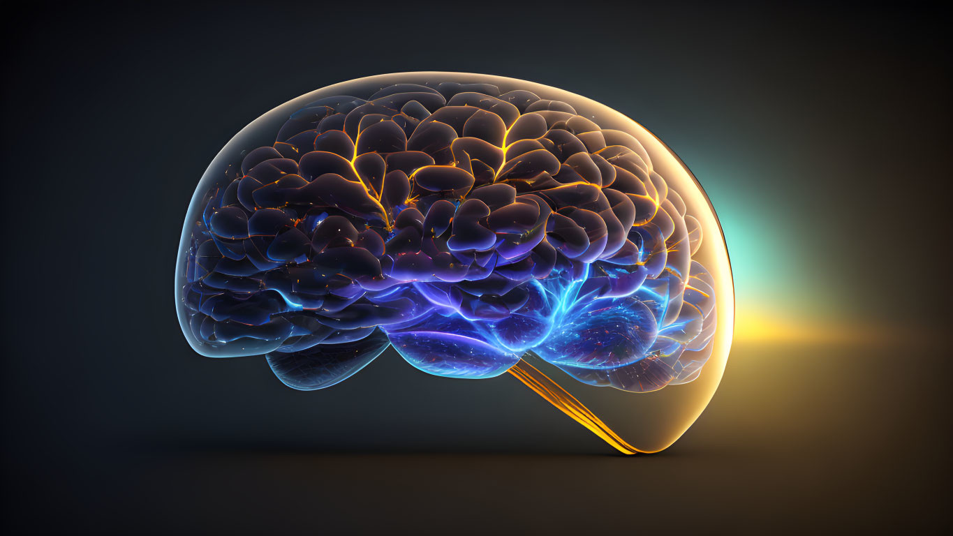 Detailed 3D human brain illustration with glowing blue neural pathways and golden light on dark background