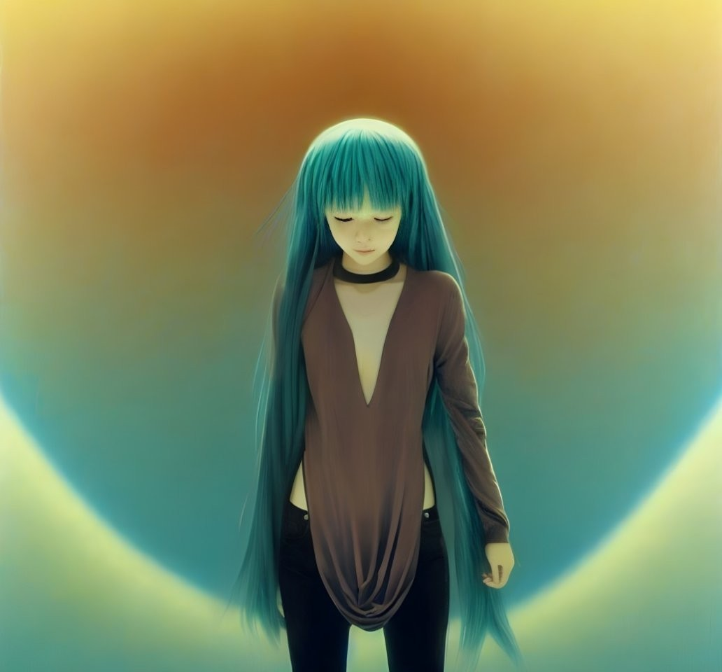 Digital illustration of person with long blue hair and brown top on golden gradient.