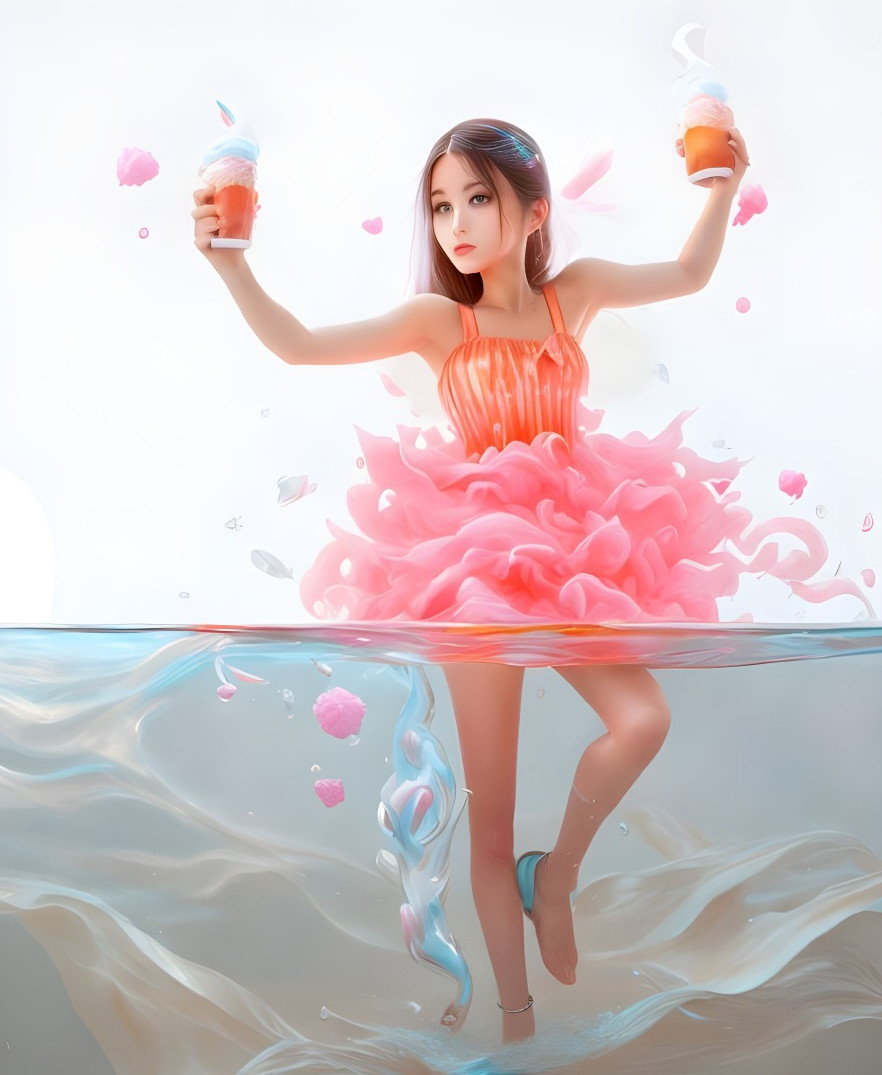 Illustrated character in orange dress with ice creams above water and floating petals